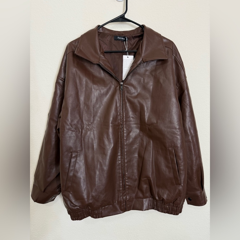 NWT Brown Faux Leather zip up bomber jacket